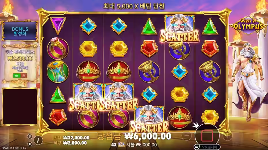 게이트 오브 올림푸스 프리스핀(Free Spins) 보너스 라운드 — 멀티플라이어(Multiplier) 누적 화면